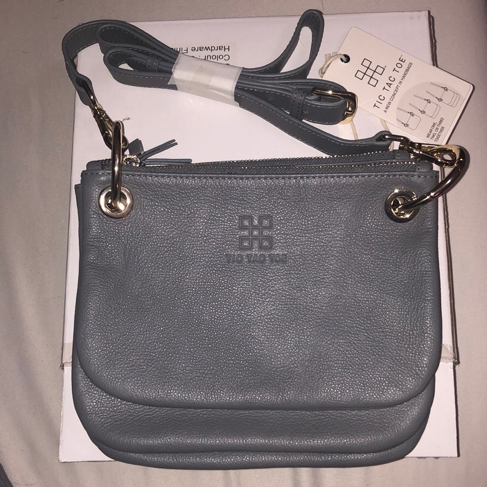 TIC TAC TOE - THE MINIME - Small Rectangle Gray Leather w/ Gold Hardware
